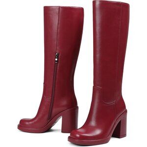 Women's Red Chunky Heel Knee High Boots Wide Calf Boots Tall Boots Leather